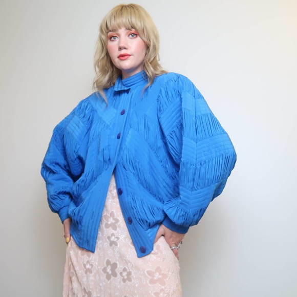 perlita Jackets & Blazers - Vintage 80s Perlita blue silk ruched track jacket